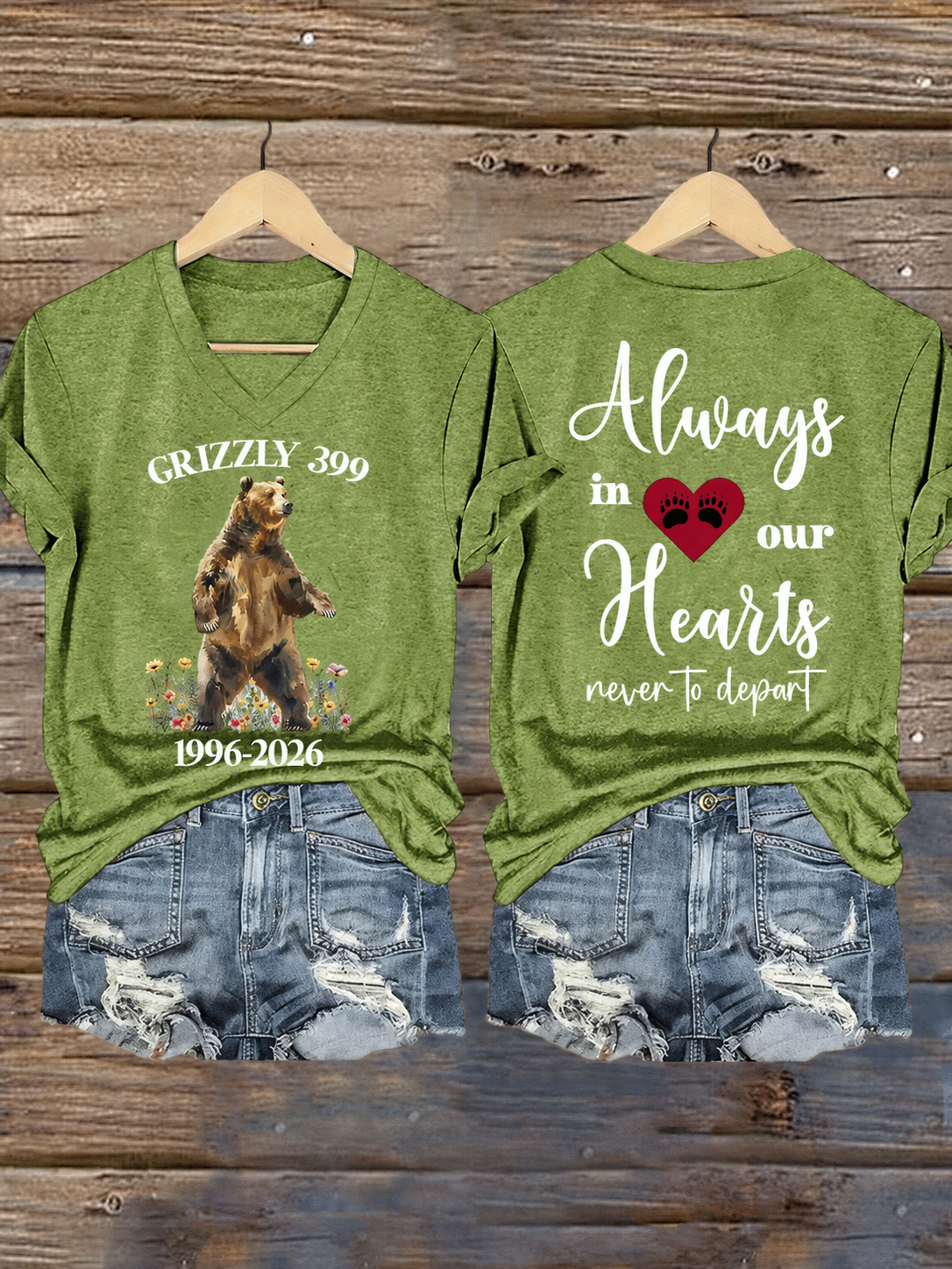 V-Neck Retro Grizzly 399 1996-2024 Always In Our Hearts Never To Depart Print T-Shirt