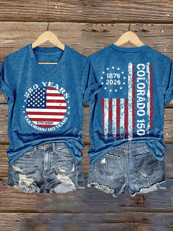 V-Neck Retro Colorado 150 Years USA 250 Print T-Shirt