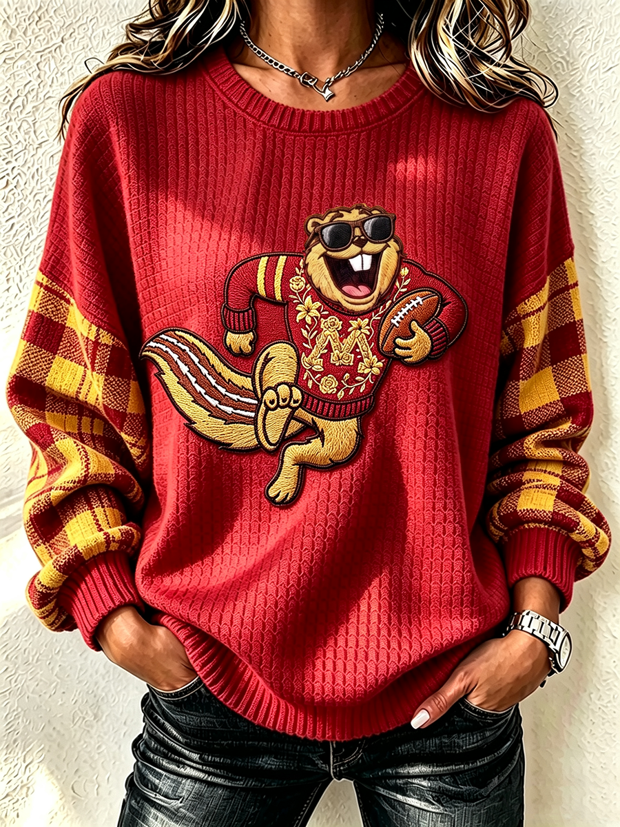 Women'S Football Fan Waffle Long Sleeved Round Neck Sweatshirt