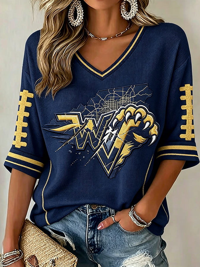 Women'S Rugby Patterned Waffle V-Neck Top