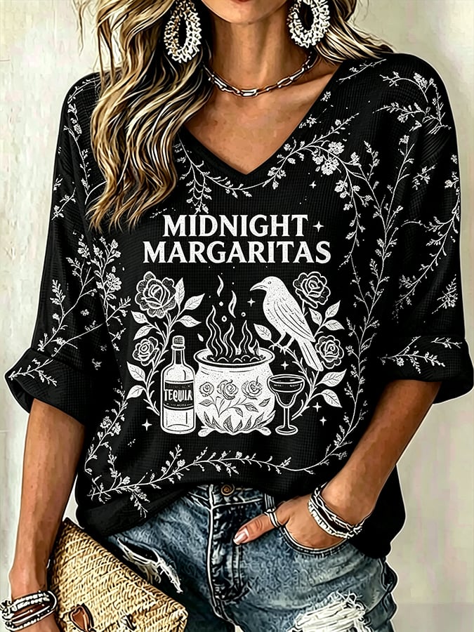 Women's Midnight Margaritas Print V Neck Top