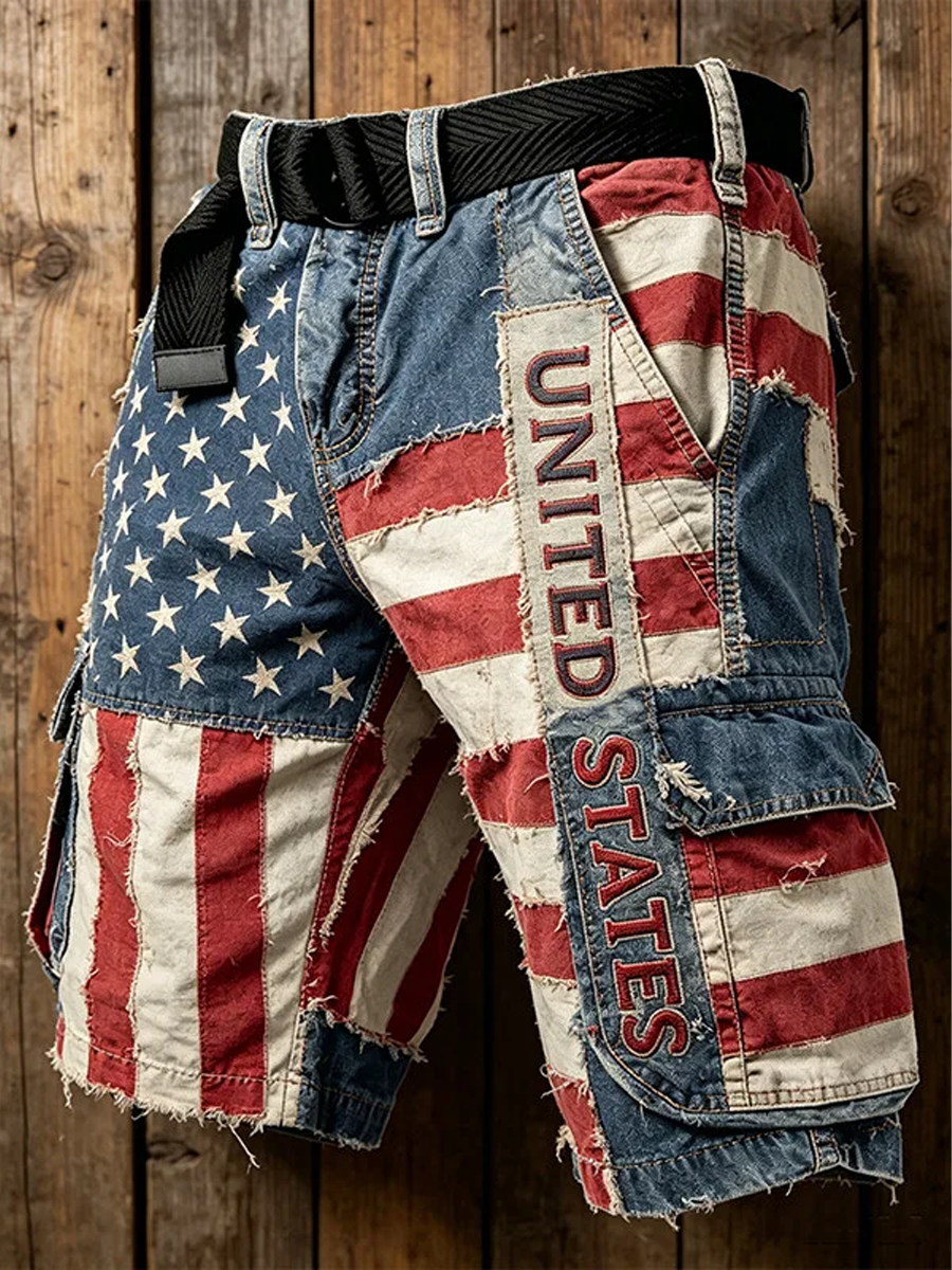 Men's 250th Anniversary Independence Day American Flag Patchwork Art Print Denim-Like Casual Shorts
