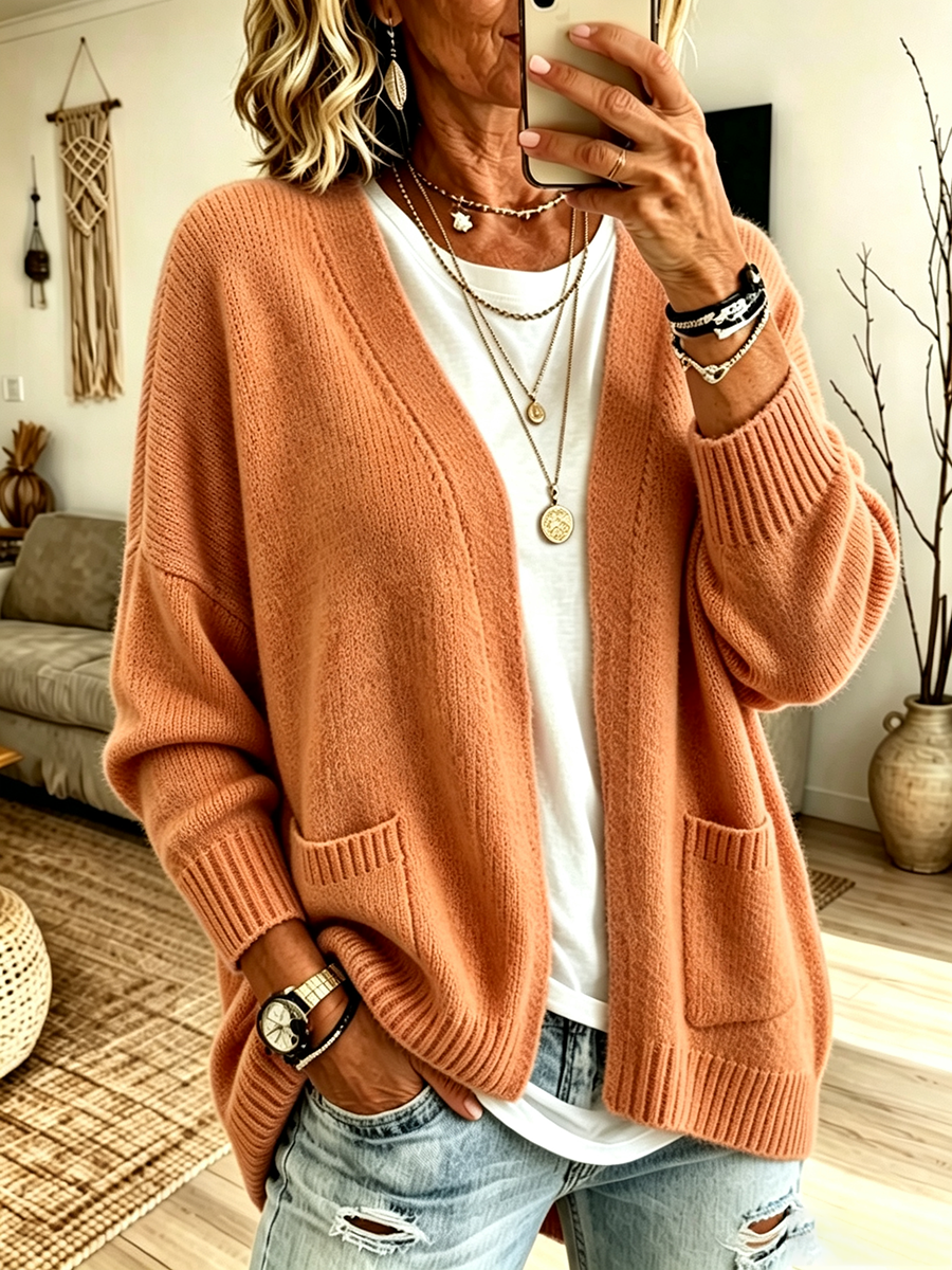 Women'S Casual Solid Color V-Neck Knitted Cardigan