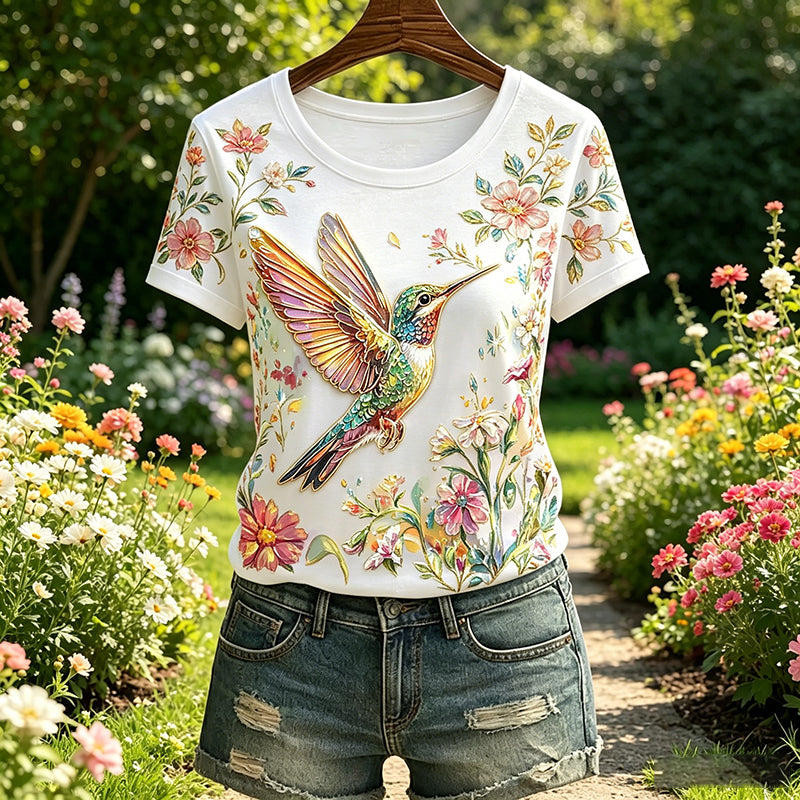 Women's Hummingbird Floral Art Print T-Shirt