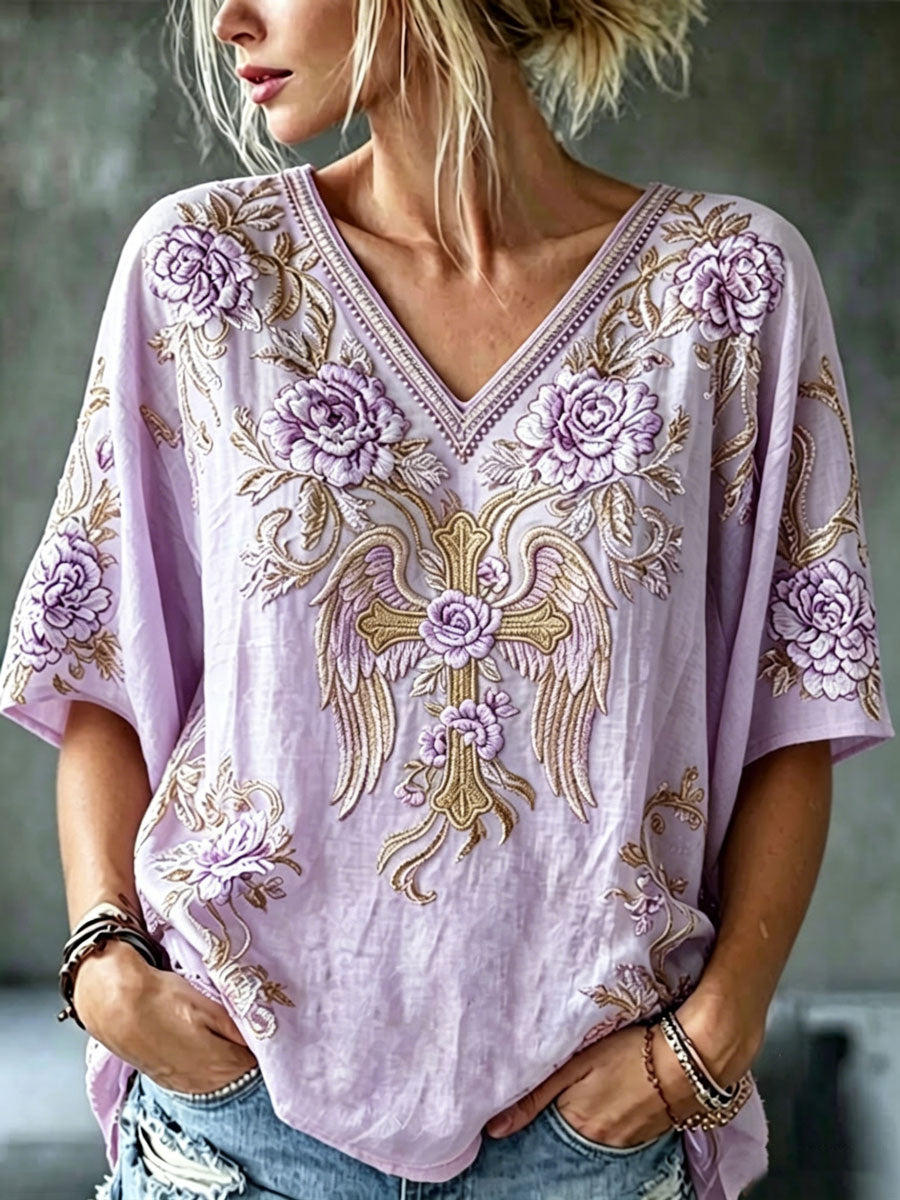 Women'S Cotton And Linen Floral Faith Casual Top