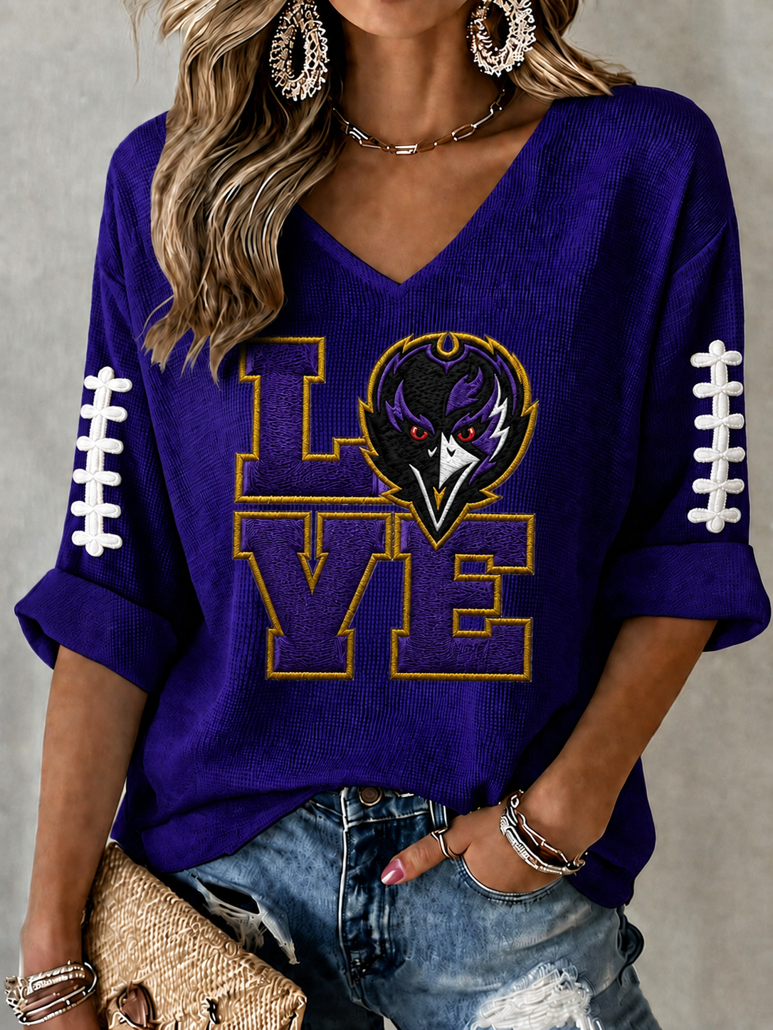 Women'S Football Print Waffle  Top