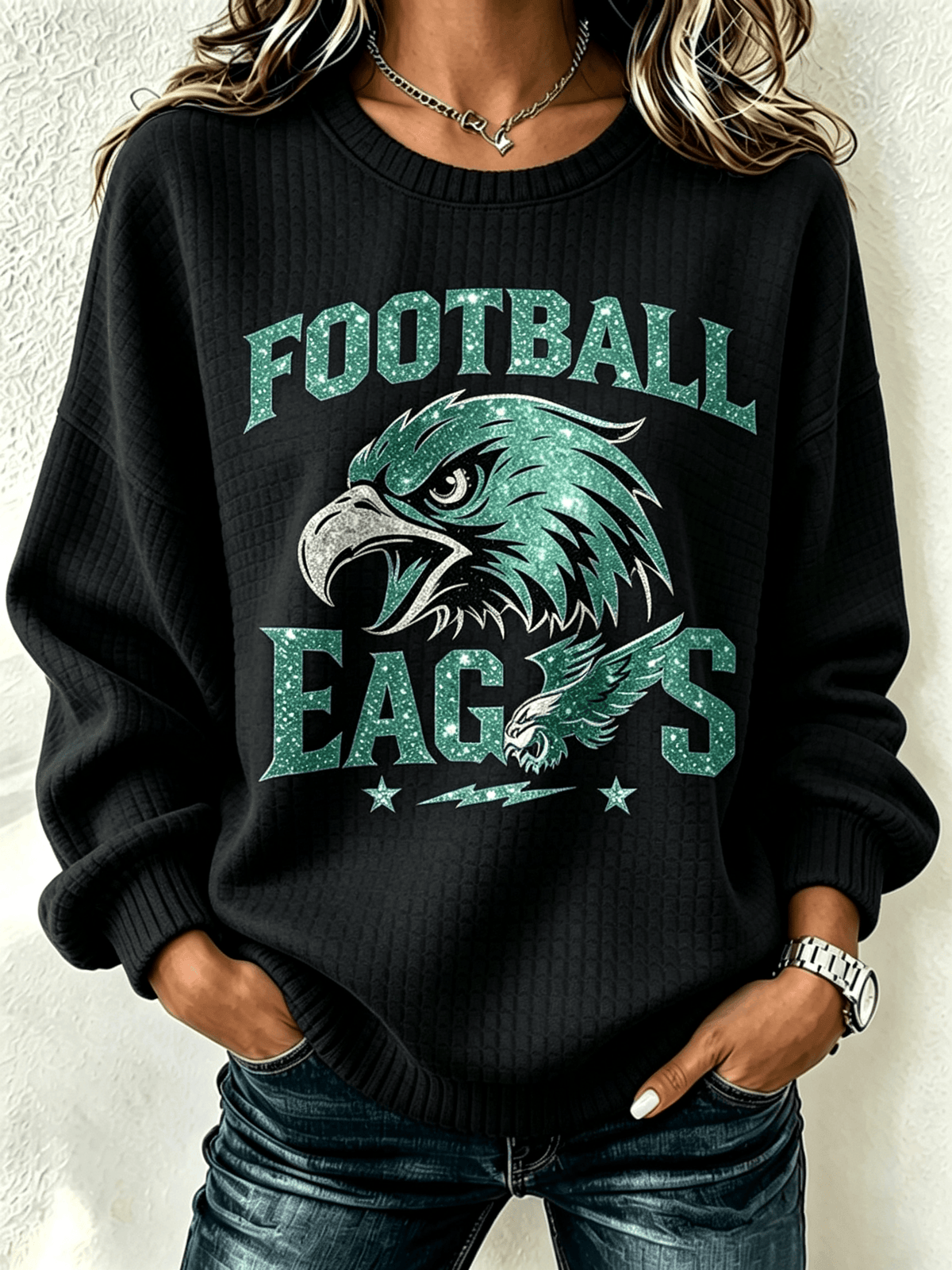 Women'S Casual Football Printed Round Neck Pullover
