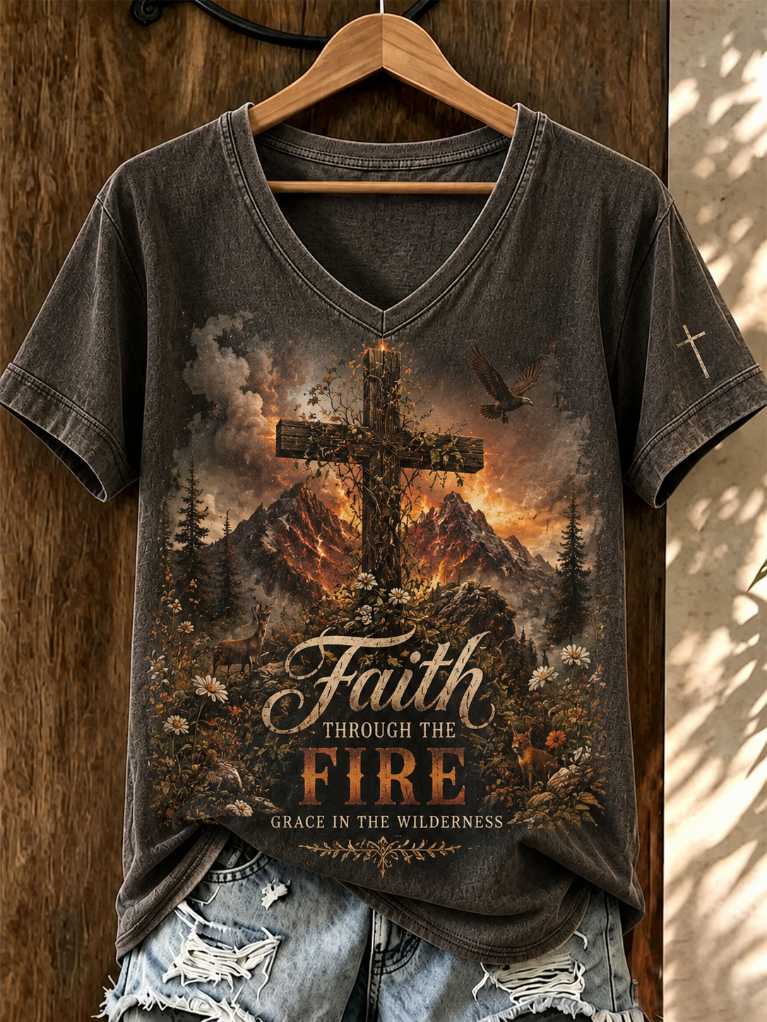 Wilderness Eagle Cross Faith Through The Fire V Neck Short Sleeve Vintage T-Shirt