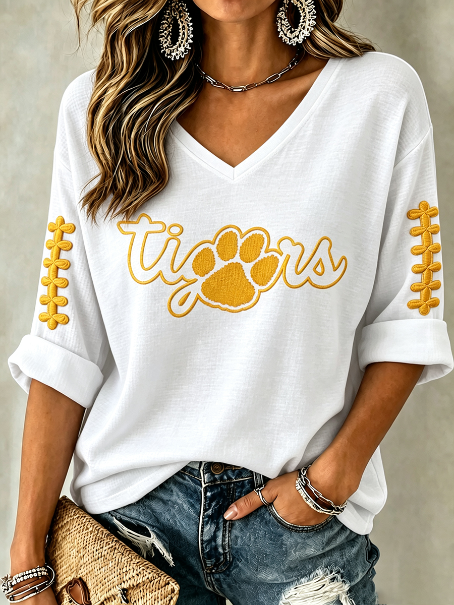 Women'S Rugby Patterned Waffle V-Neck Top