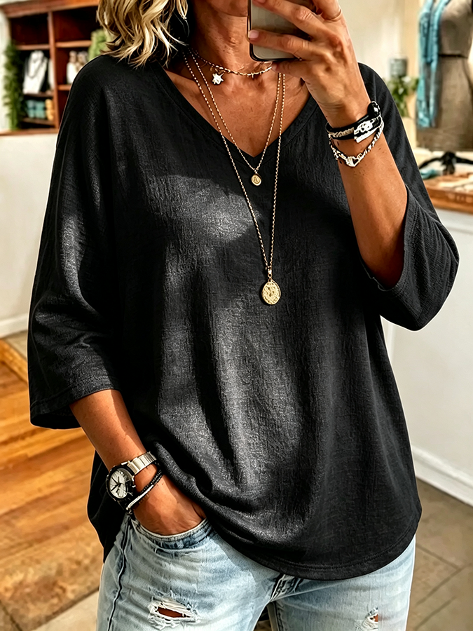 Women'S Casual V-Neck Solid Color Seven Quarter Sleeve T-Shirt
