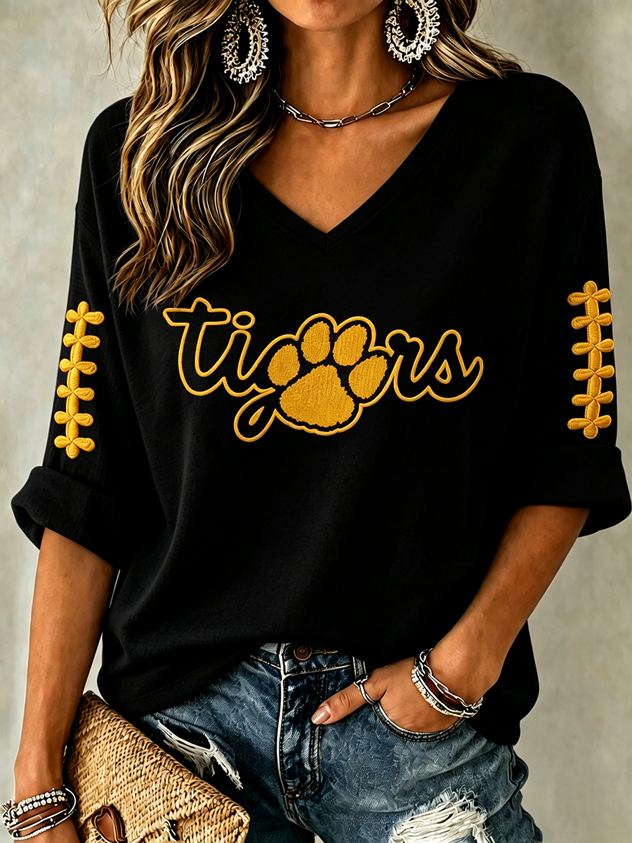 Women'S Rugby Patterned Waffle V-Neck Top