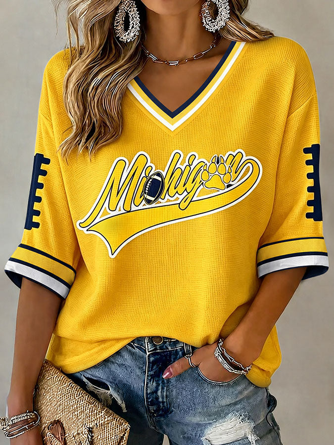 Women's Football Printed Waffle V-Neck Top