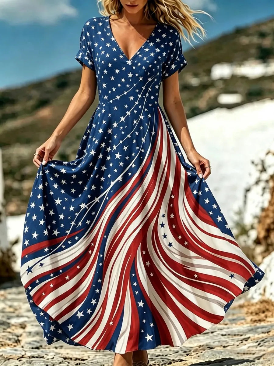 Vintage Stars & Stripes Print Women's Linen Maxi Dress