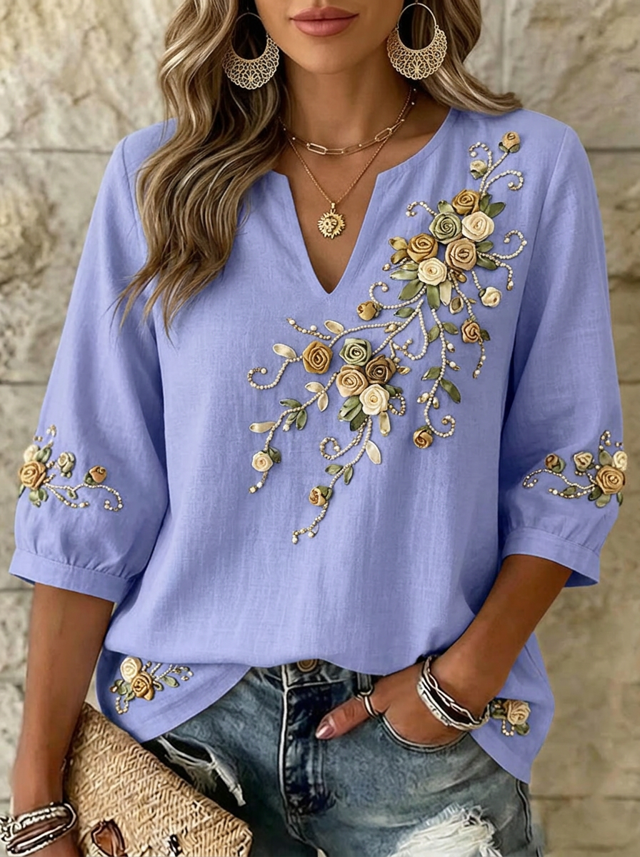 Women's Breast Cancer Awareness Floral Ribbon Embroidered Printed Top
