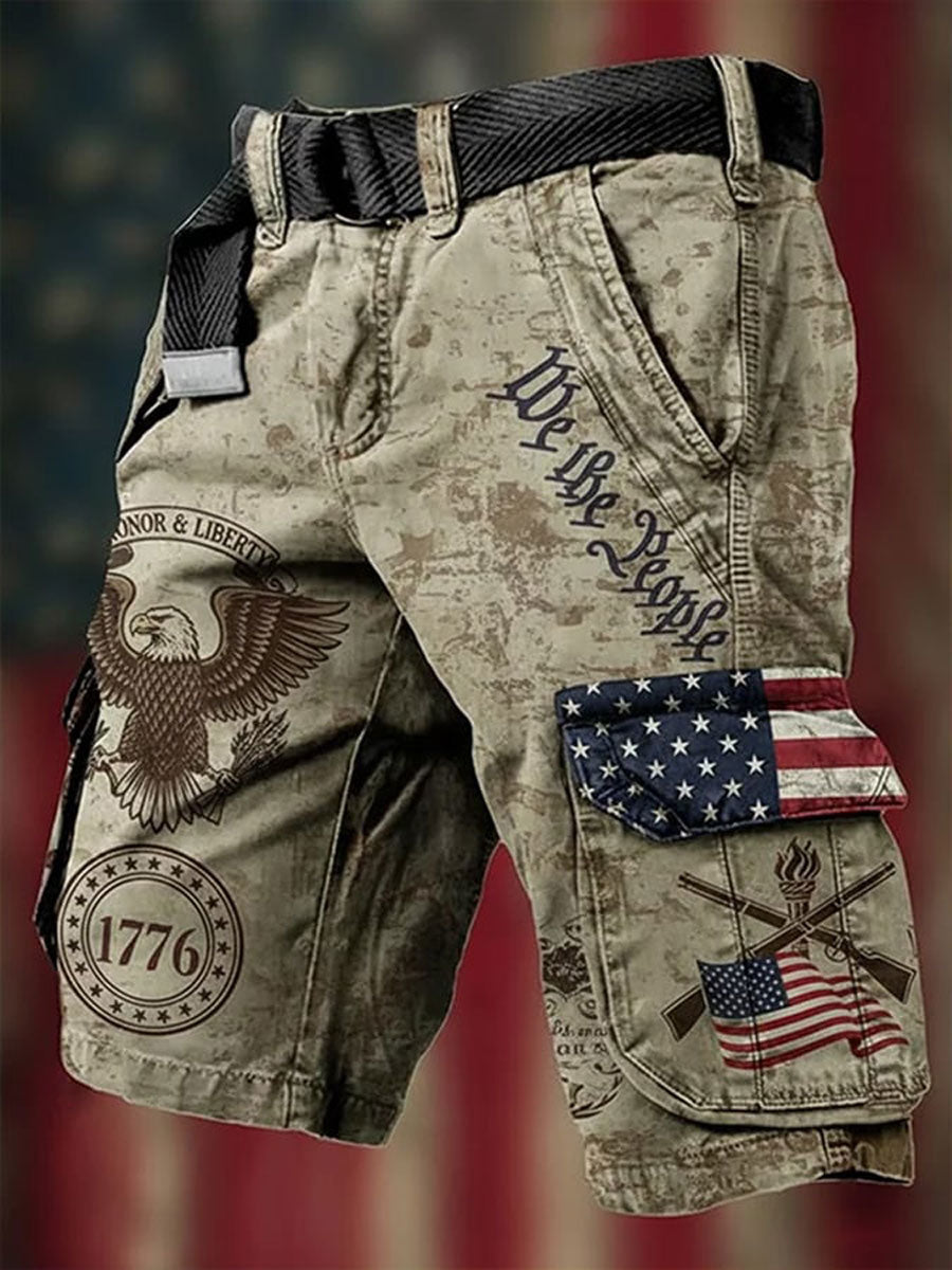 Men's Independence Day USA Flag Print Denim-Like Cargo Shorts