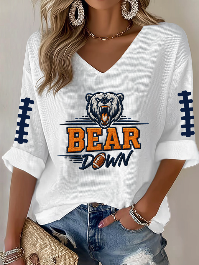 Women'S Rugby Printed Waffle Long Sleeve T-Shirt