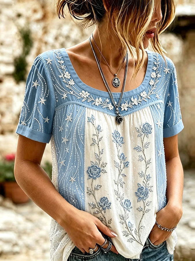 Women'S Pink Floral Printed Cotton And Linen Round Neck Top