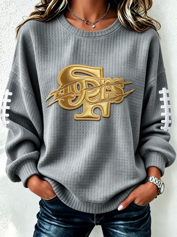 Women'S Football Print Waffle Long Sleeved Round Neck Sweatshirt