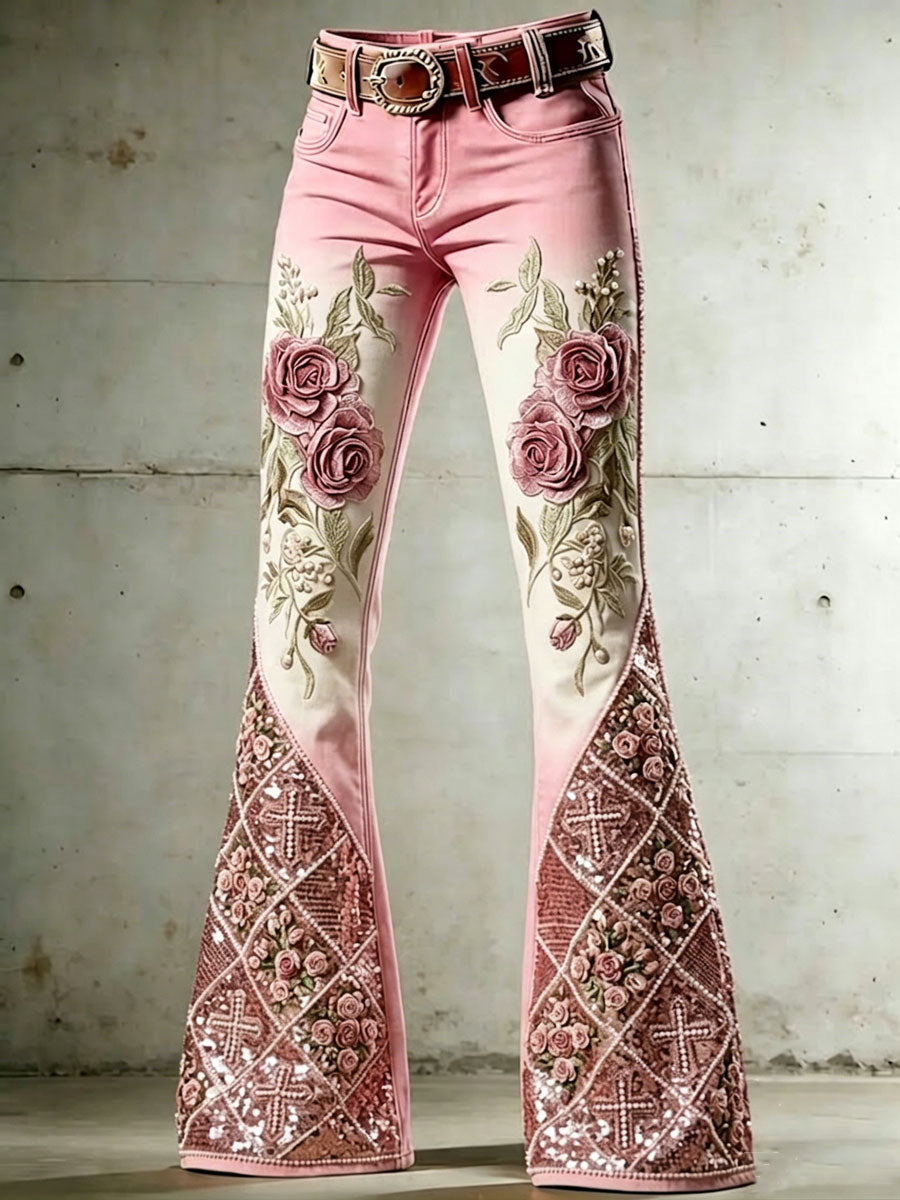 Women'S Flower Cross Patterned Flared Pants