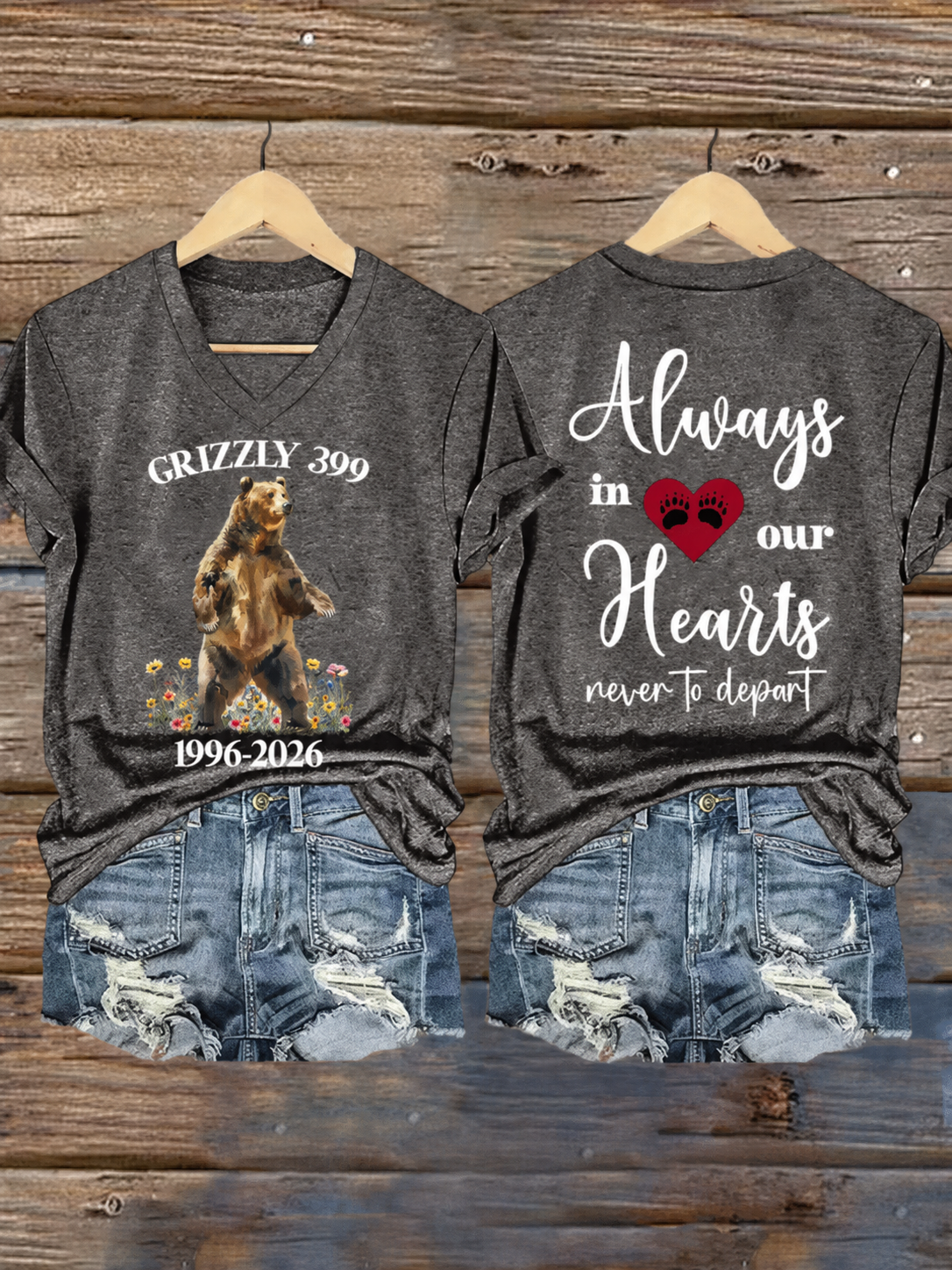 V-Neck Retro Grizzly 399 1996-2024 Always In Our Hearts Never To Depart Print T-Shirt