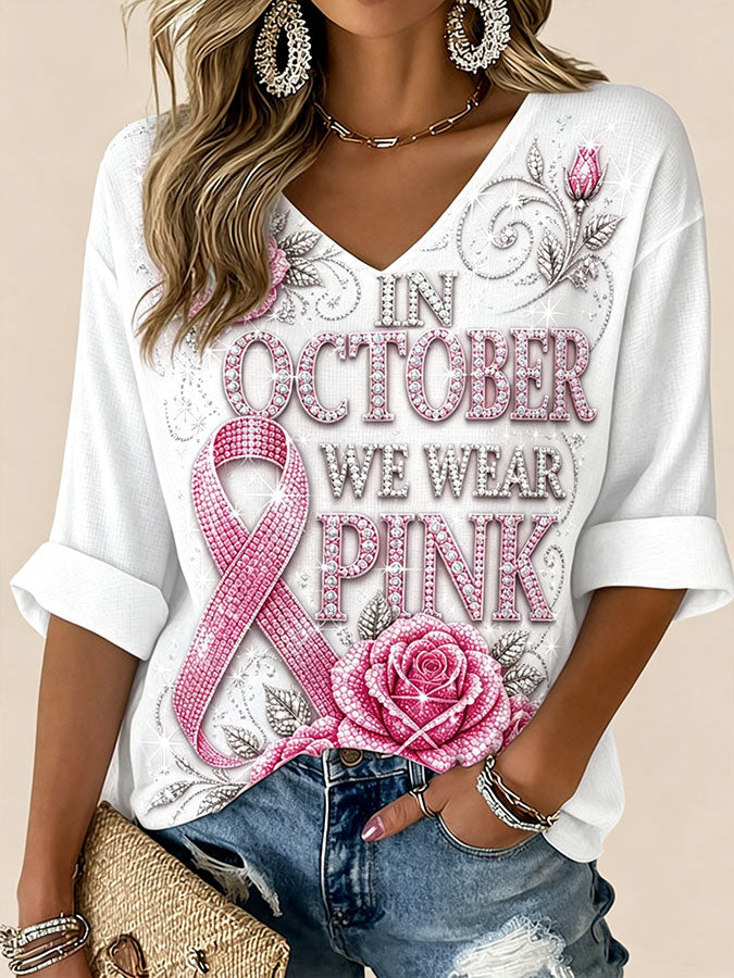 Women'S In October We Wear Pink Printed Waffle T-Shirt