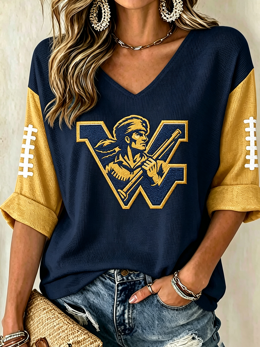 Women'S Football Print Waffle V-Neck Top