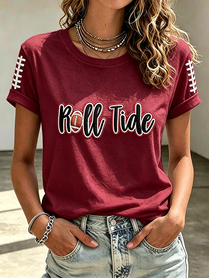 Women'S Rugby Printed Round Neck Short Sleeved T-Shirt