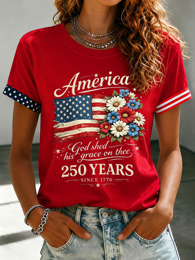 Women's Floral American Flag Printed Casual T-shirt