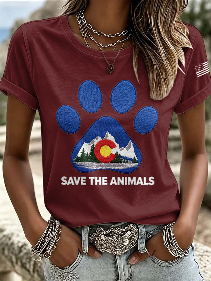 Women'S Retro Save The Animals Print T-Shirt