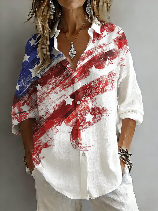 Women's Casual Retro National Flag Printed Long-Sleeved Shirt
