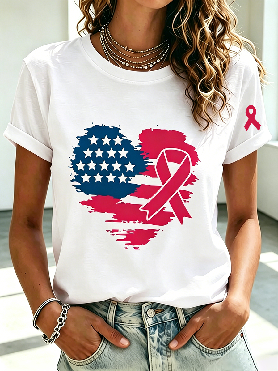 Women's American Flag breast cancer Awareness T-shirt