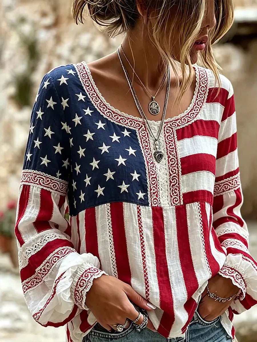 Women's Retro Independent Floral Patchwork Art Print Long Sleeve T-shirt