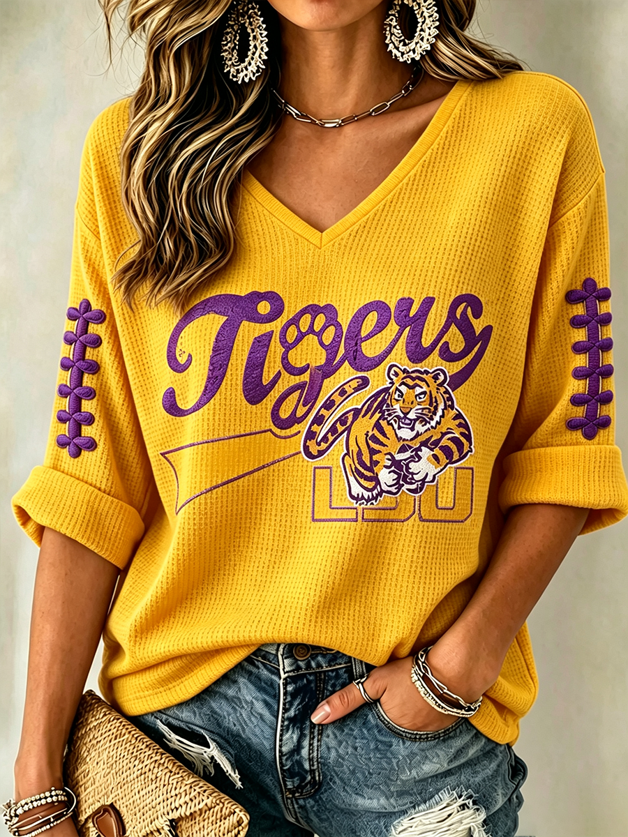 Women'S Rugby Patterned Waffle V-Neck Top