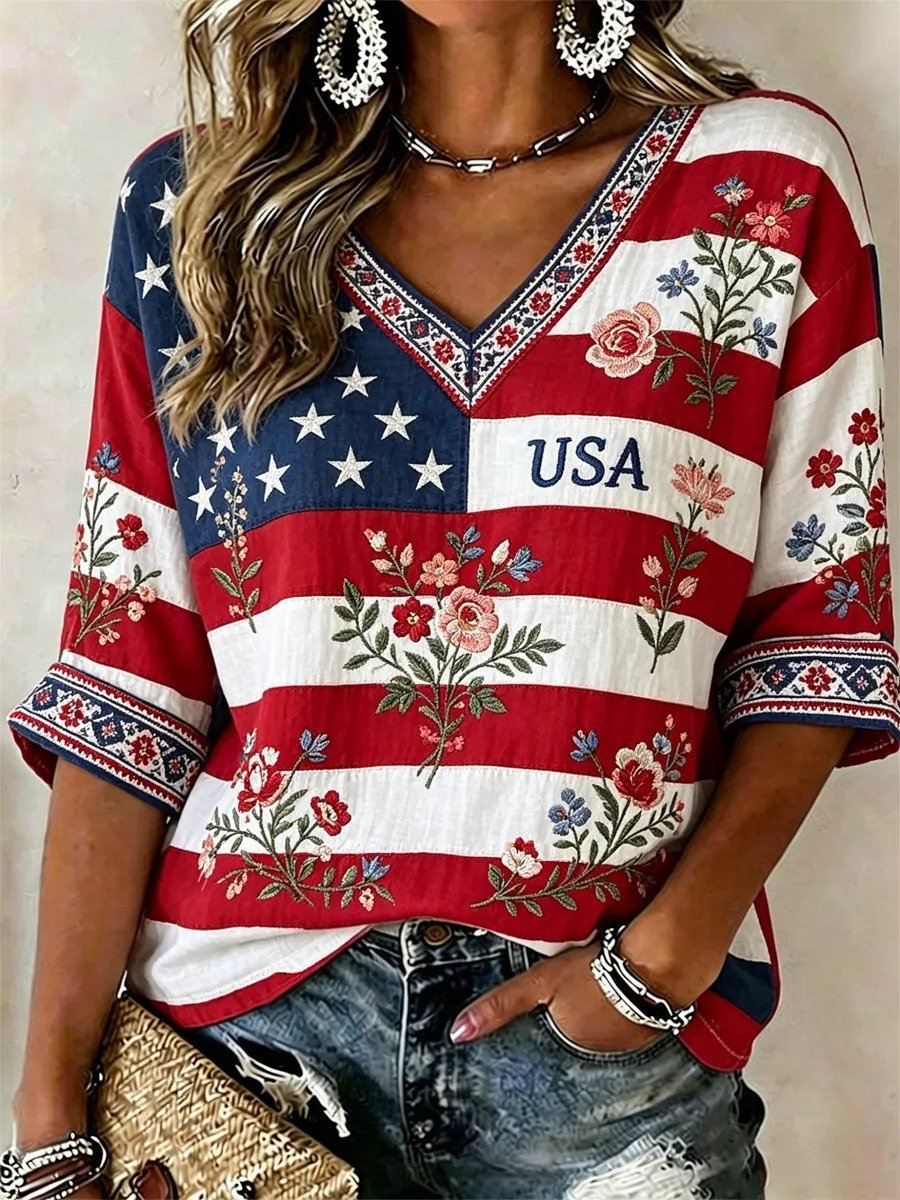 Women's American 250th Print V-Neck Top