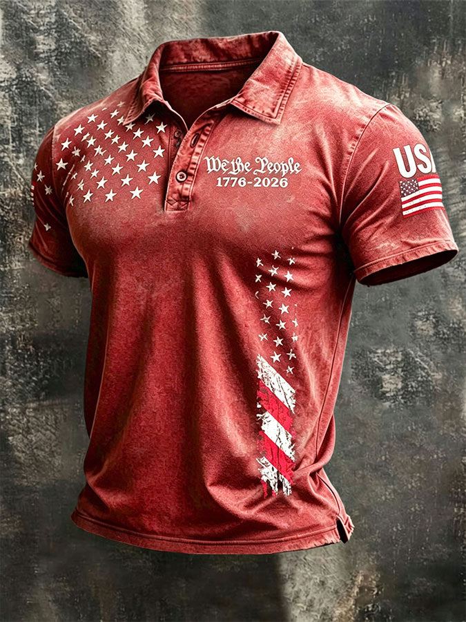 Men'S American Flag Print Casual Polo Shirt