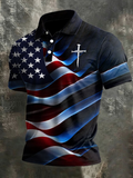 Men's Retro Patriotic Flag and Cross Color Block Short-Sleeve Polo Shirt