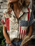 American Flag Elements And Floral Patterns Retro Casual Linen Shirt