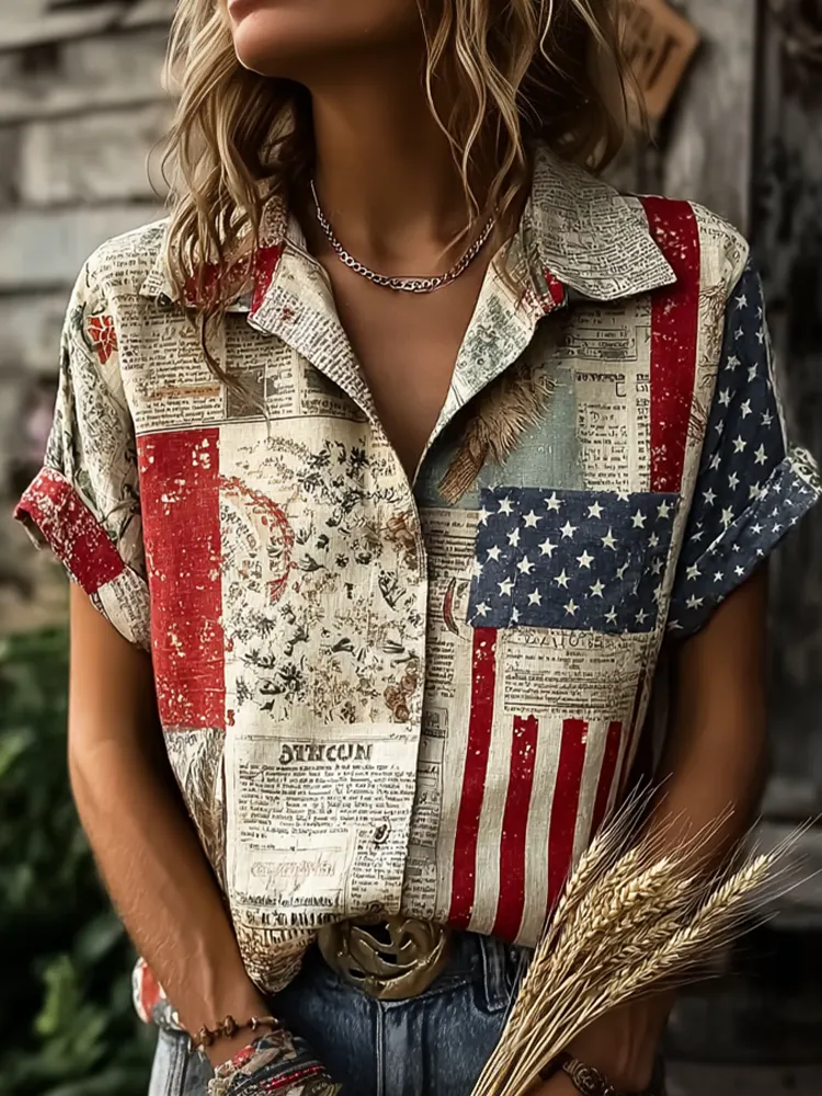 American Flag Elements And Floral Patterns Retro Casual Linen Shirt