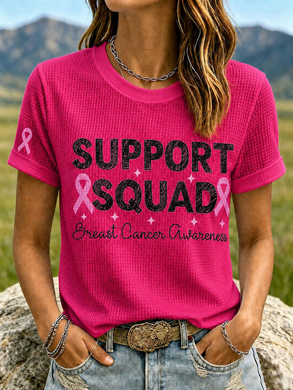 Women'S Support Squad Breast Cancer Awareness Waffle Short Sleeve T-Shirt