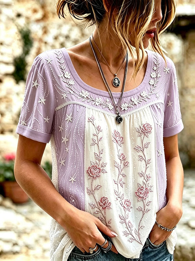 Women'S Pink Floral Printed Cotton And Linen Round Neck Top