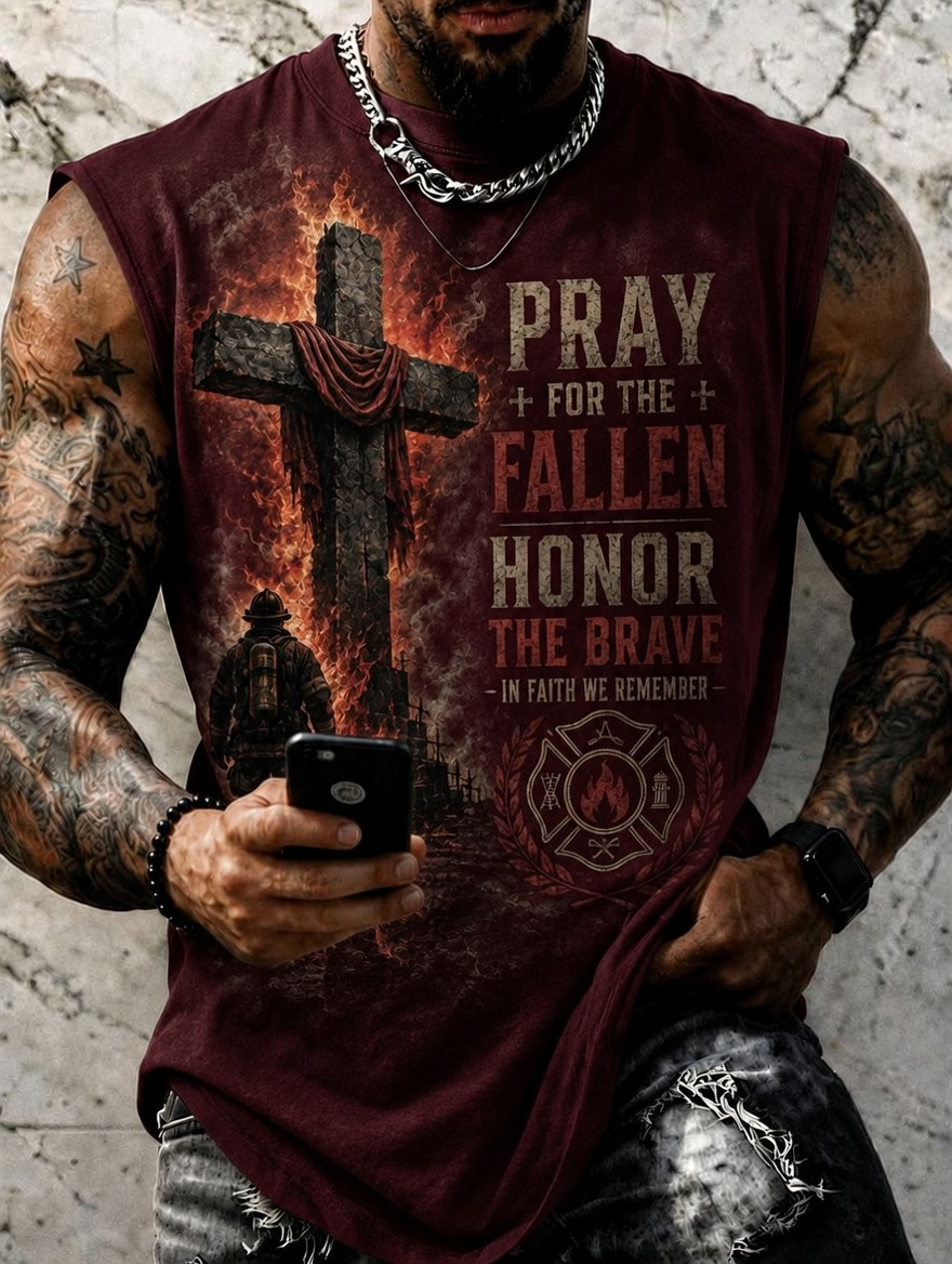Men's Fire Cross Firefighter Honor The Brave Print Tank Top