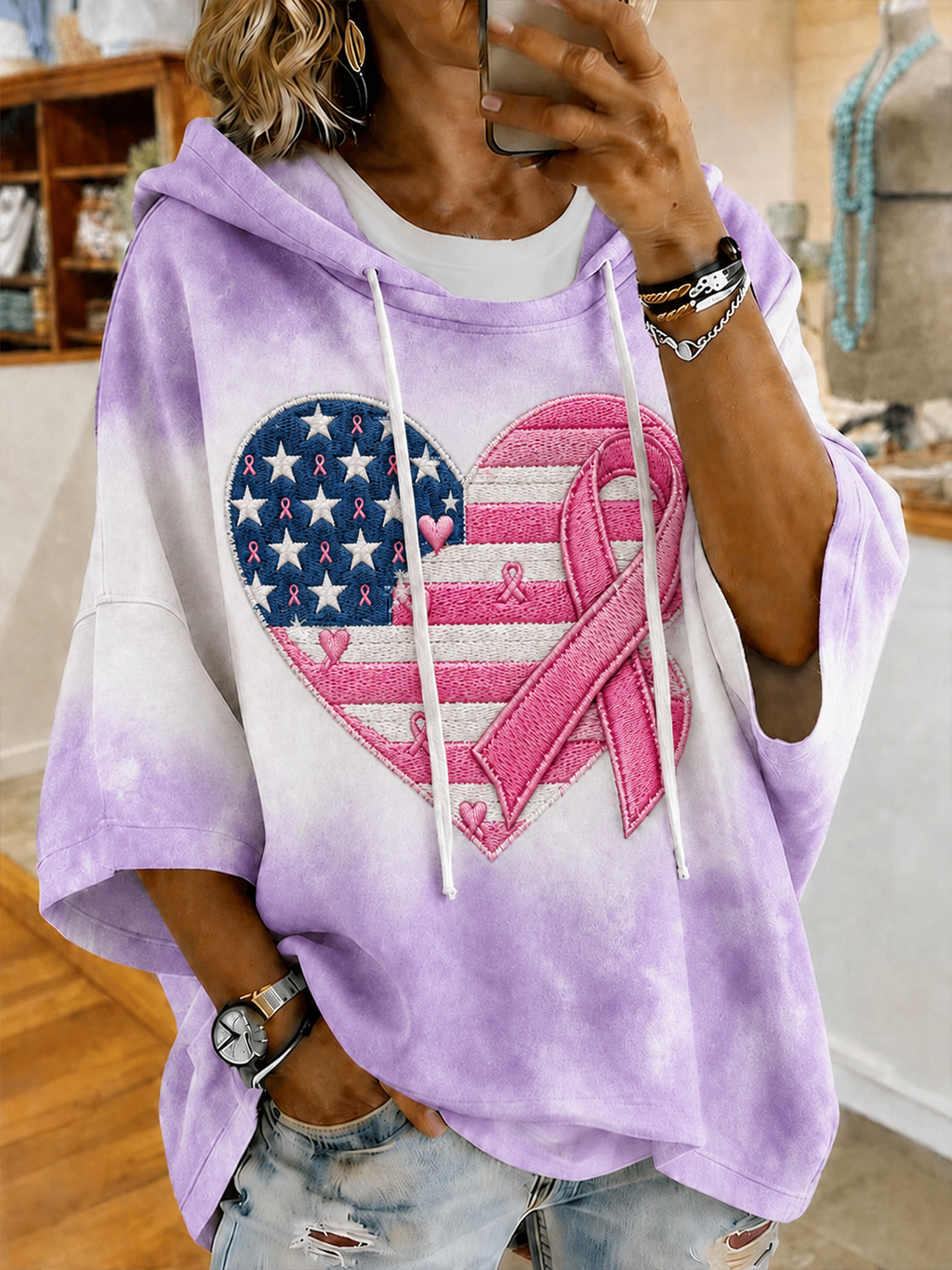 Women'S Breast Cancer Awareness Print Half Sleeve Hoodie