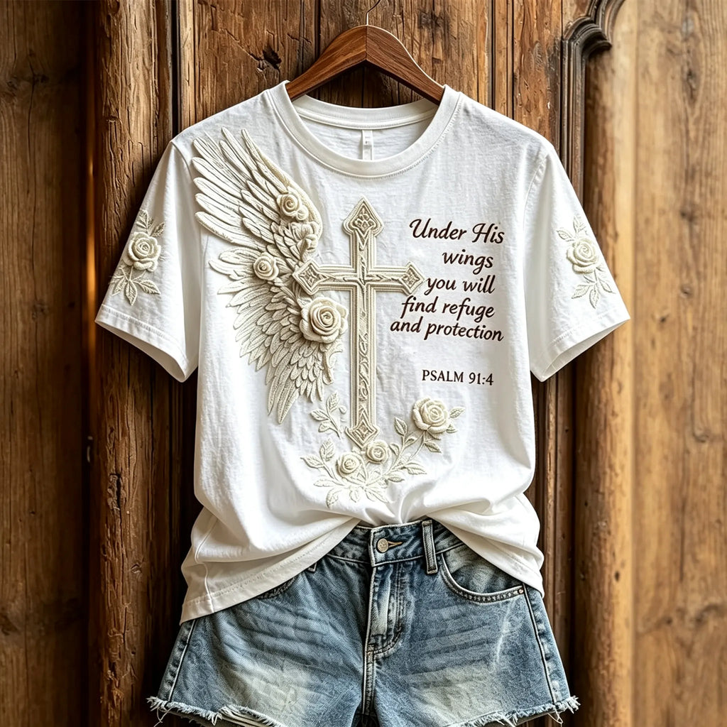 Women's Under His Wings You Will Find Refuge Cross with Wings Floral Print short-sleeved T-shirt