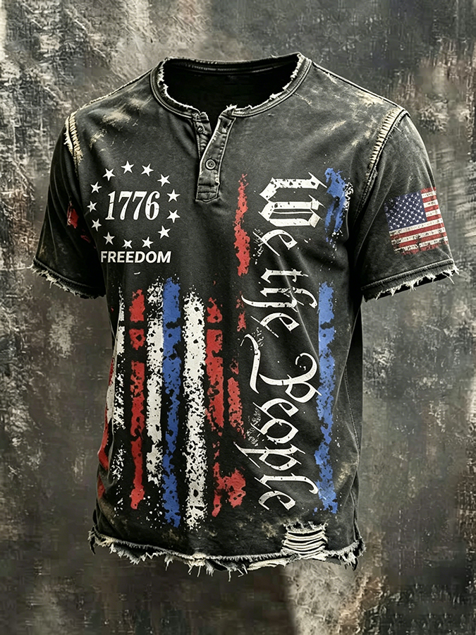 Men'S Casual American 250 Founding Celebration Washed Cotton Linen Henry Button Top