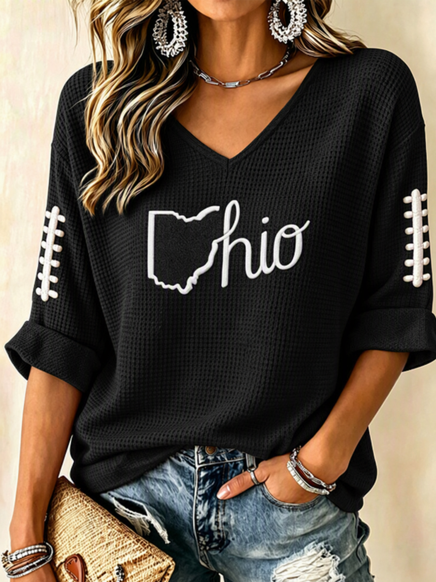 Women'S College Rugby Printed Waffle V-Neck Top