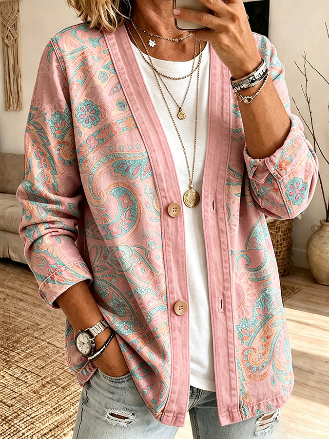 Women'S Casual Pink Floral Cardigan Top