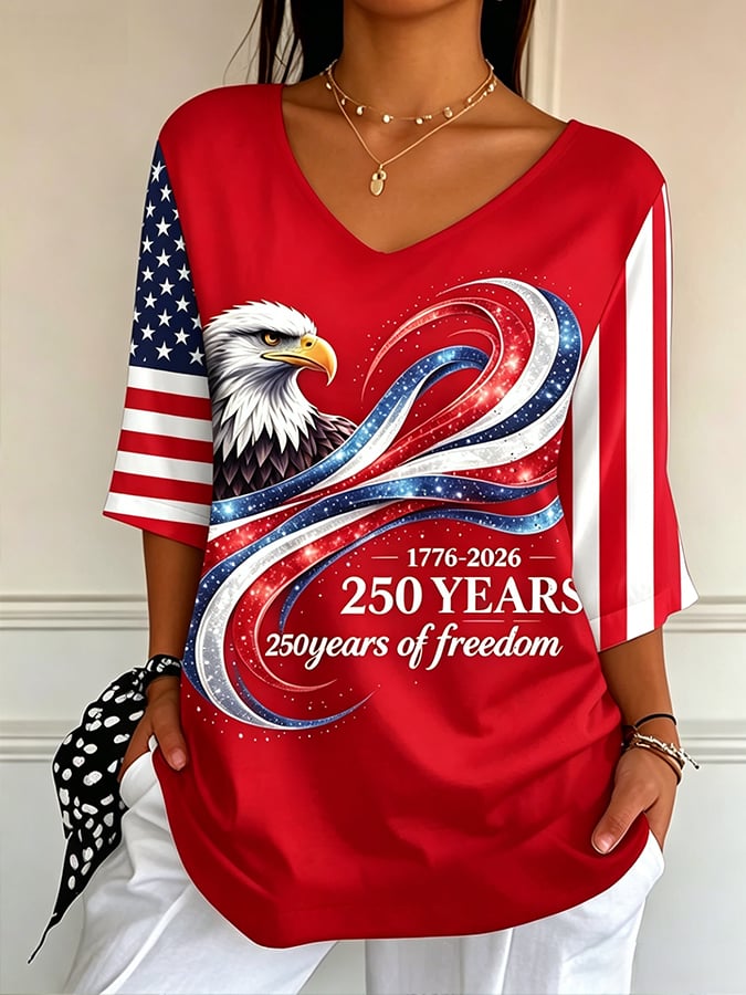 Women'S Usa 250th Anniversary Print Ribbed V-Neck Long-Sleeve Top