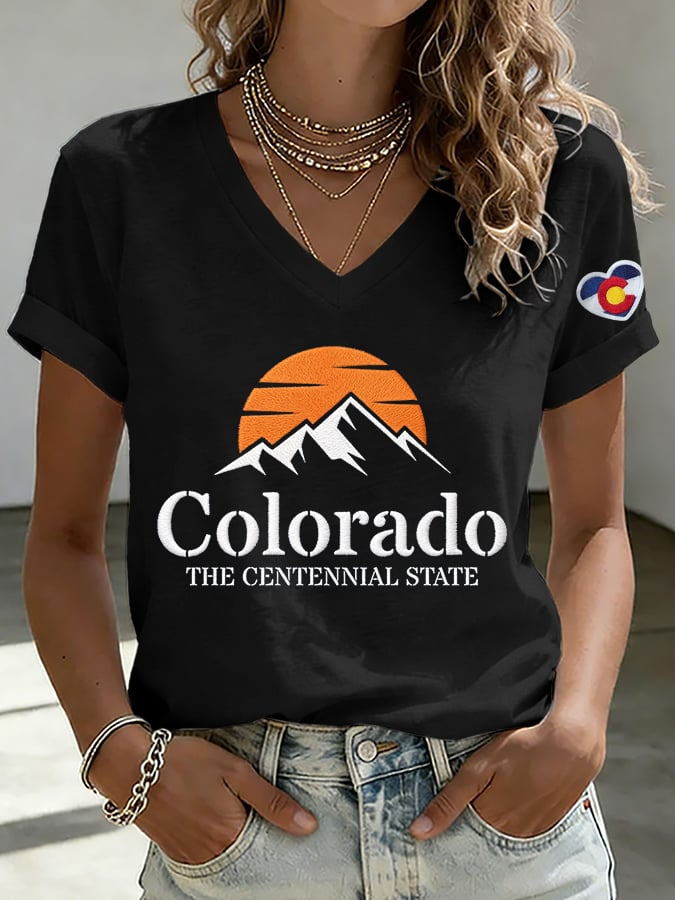 V-Neck Retro Colorado The Centennial State Print T-Shirt