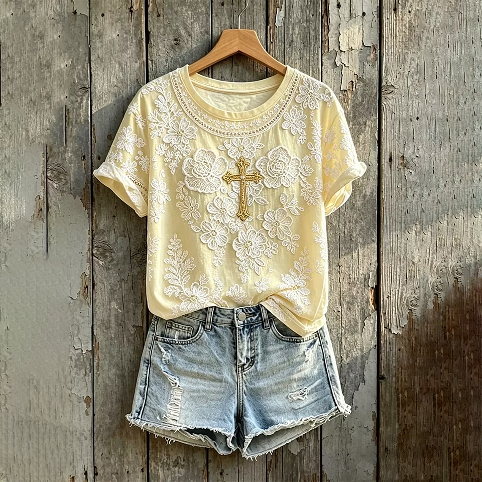 Women's Vintage Floral Cross Art Pattern Print Short-sleeved T-shirt