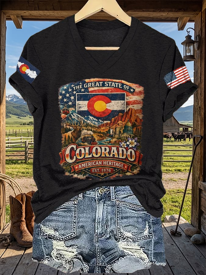 V-Neck Retro The Great State Of Colorado American Heritage Est. 1876 Print T-Shirt